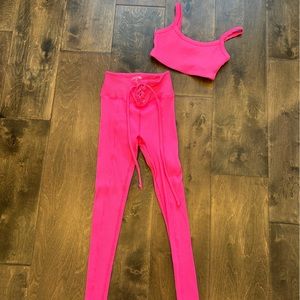 Pink Ribbed Crop Top and Leggings Set